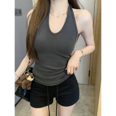 Real shot of spring and summer Korean style, slim neck halter, pure sleeveless vest T-shirt top for women