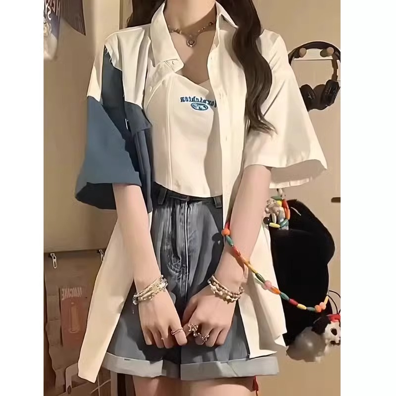 原版布料+牛仔300斤特大碼洋氣學院風撞色短袖襯衫女