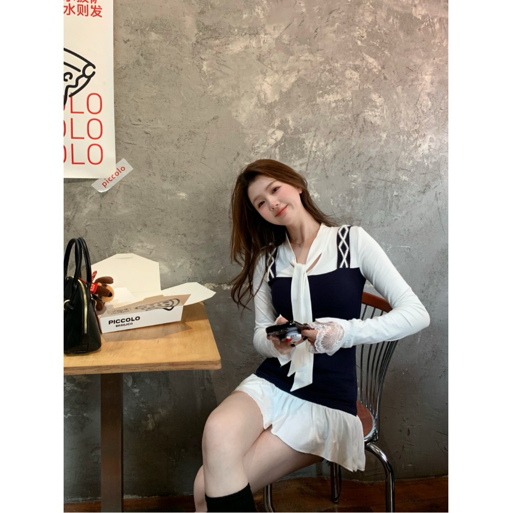260g gentle sweet girl style fake two-piece long-sleeved dress for women's spring waist-hugging and slimming A-line skirt short skirt
