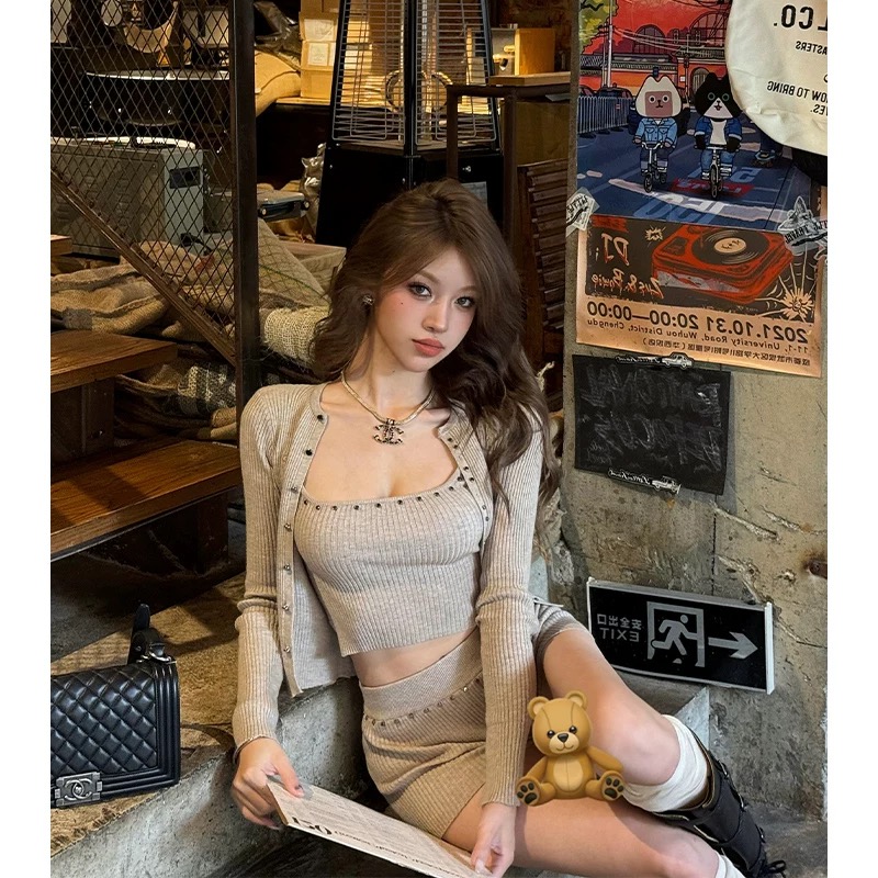 2ND STUDIOS Knit Set Short-Sleeve Three-Piece Chic Girl Style 2025 New Slimming Women's Set