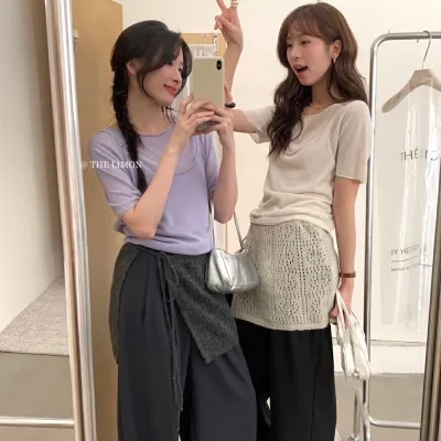 檸檬綠茶春夏天絲亞麻短袖針織衫女+內搭吊帶背心兩件套