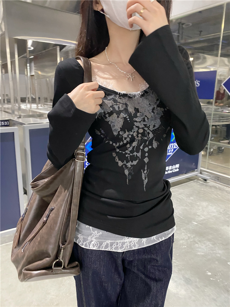 Real photo of printed knitted top for women lace building T-shirt