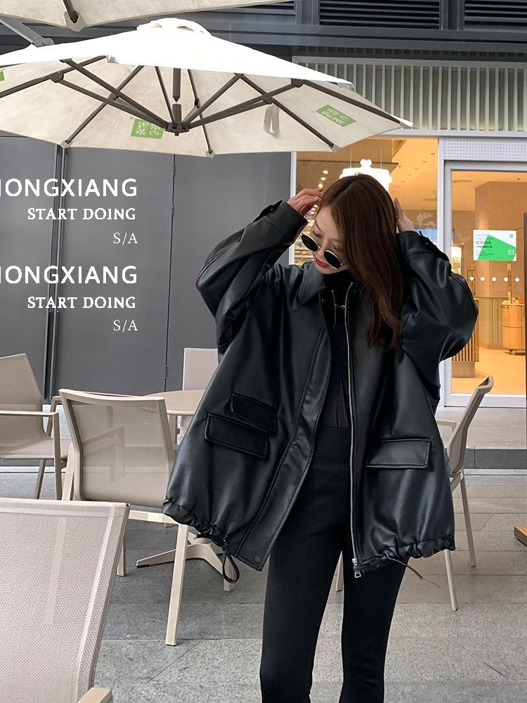 2025 Spring Collection Black Faux Leather Women's Fashion European-Style Hong Kong Inspired Casual PU Jacket Top