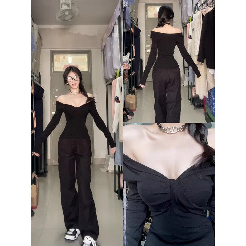 Developer black long-sleeved T-shirt for women with Autumn V-neck inner layer sweet and spicy top