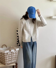 短款雙拉鏈花線毛衣外套女秋季新款韓版寬鬆圓領小個子針織開衫厚