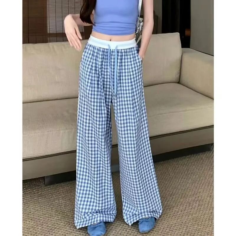 復古黑白格子褲子女高腰寬鬆休閒時尚鬆緊腰直筒山本褲闊腿長褲女