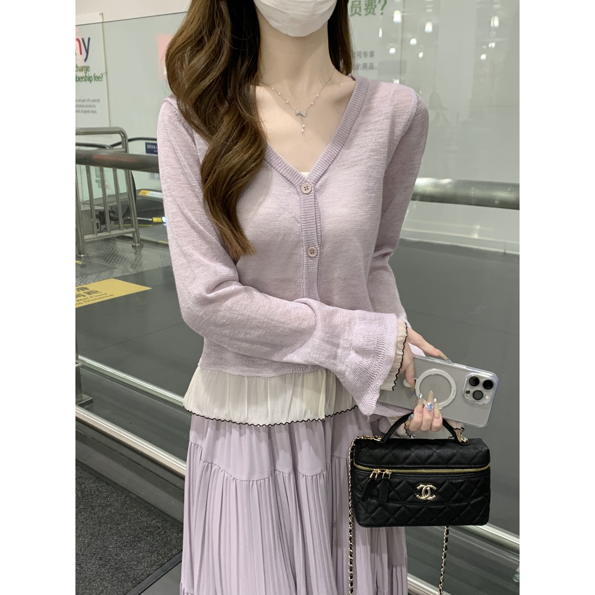 Real shot of spring and summer Korean loose v-neck contrasting chiffon spliced ​​trumpet sleeve bamboo joint hemp sun protection knit cardigan