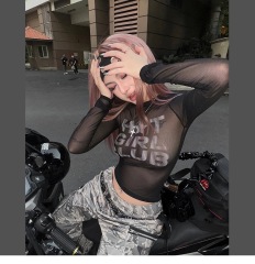 Official pictures, letter printing, sexy perspective mesh long-sleeved hot girl T-shirt for women