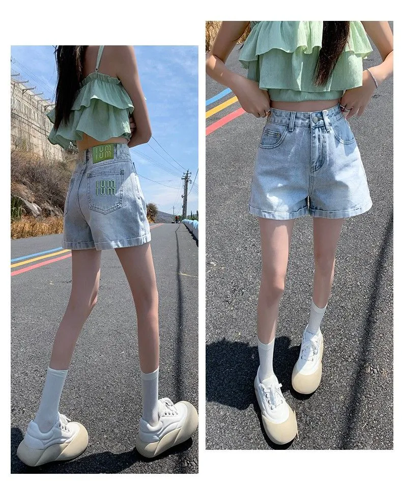 Retro curly letter embroidery ins denim shorts for women 2025 new hot girl high waist slimming hip A-line hot pants