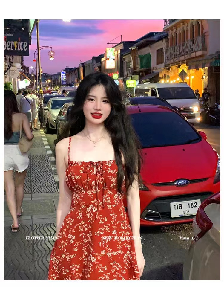 2025春夏季度假風紅色碎花吊帶連衣裙女小個子氣質淑女辣妹小裙