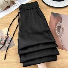 高腰褲子女夏季薄款高腰垂感新中式緞面冰絲闊腿褲防曬直筒涼涼褲