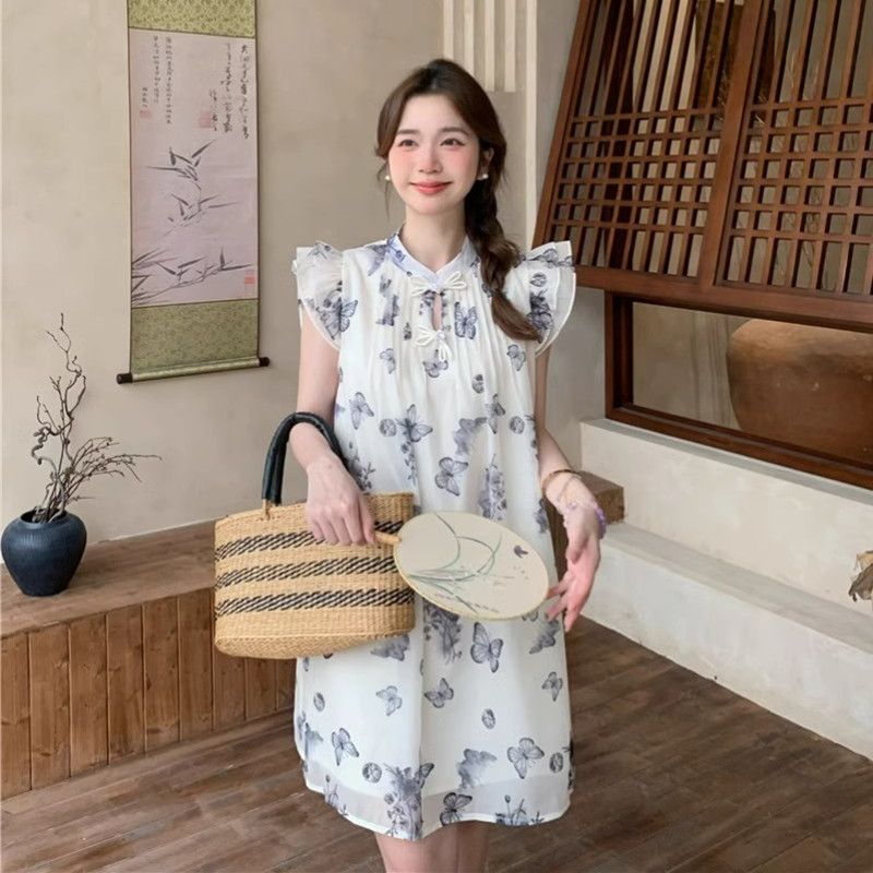 大碼新中式復古連衣裙女夏季溫柔風甜美裙子胖mm遮肚子顯瘦碎花裙