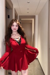 Pure sexy V-neck lace splicing dress with autumn and winter large size fat mm slim fit and slim inner dress