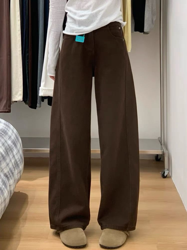 美拉德咖色彎刀牛仔褲女春秋季高腰顯瘦垂感寬鬆百搭闊腿拖地褲子