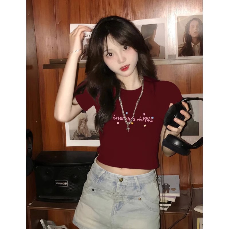 High-quality pure cotton 210g 40 pieces Odale 92 cotton 8 spandex print slim hot girl short T-shirt for women