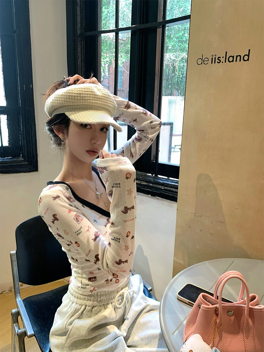 Women's cotton jacquard white V-neck printed base top women's slim spring and summer temperament
