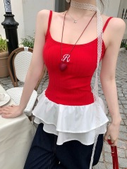 Ballet style red suspender vest for women in summer lace inner bottom short chic sweet hot girl top outside