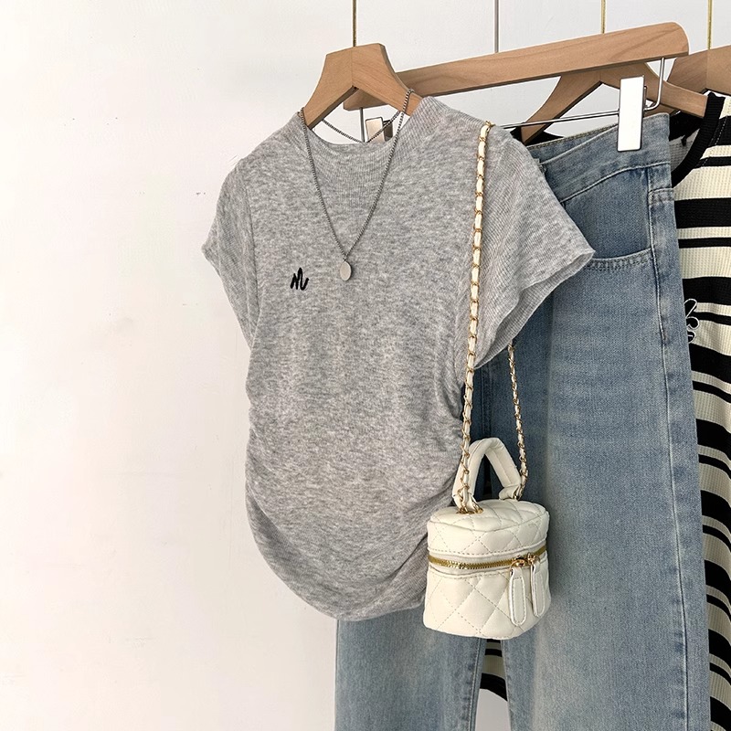 Official photo 92 cotton/8 spandex 40 210g pure cotton gray half high neck short-sleeved T-shirt for women