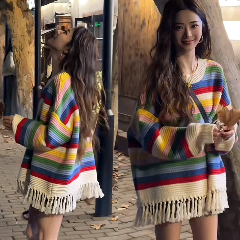 Rainbow striped tassel long-sleeved knitted sweater for women in autumn and winter new loose large size unique top trendy