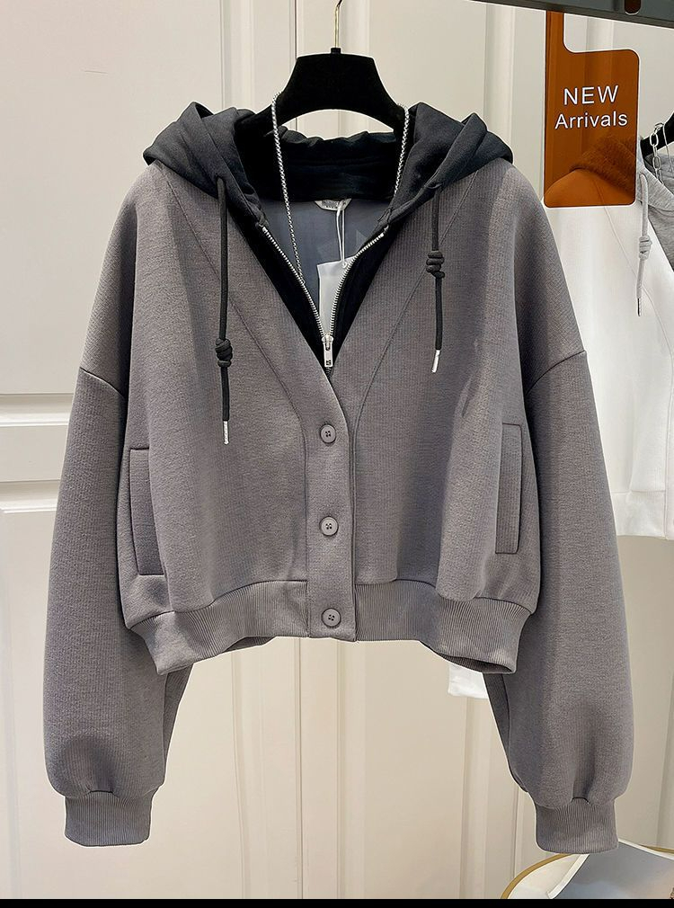 Original autumn hooded fake two-piece short sweatshirt for women Korean style splicing design niche small cardigan jacket