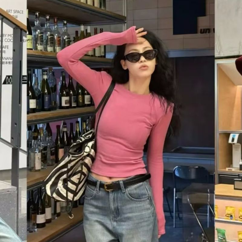 Fashionable and versatile casual shoulder long sleeves slim fit European and American street Japanese T-shirt for women