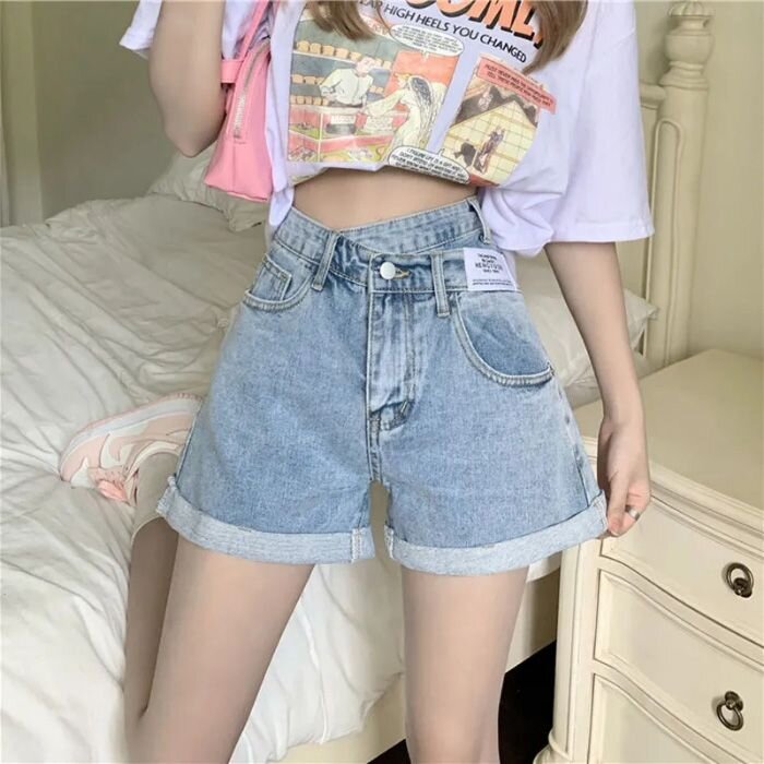 春夏季新款韓版不規則斜口牛仔褲高腰顯瘦牛仔褲女百搭牛仔短褲潮