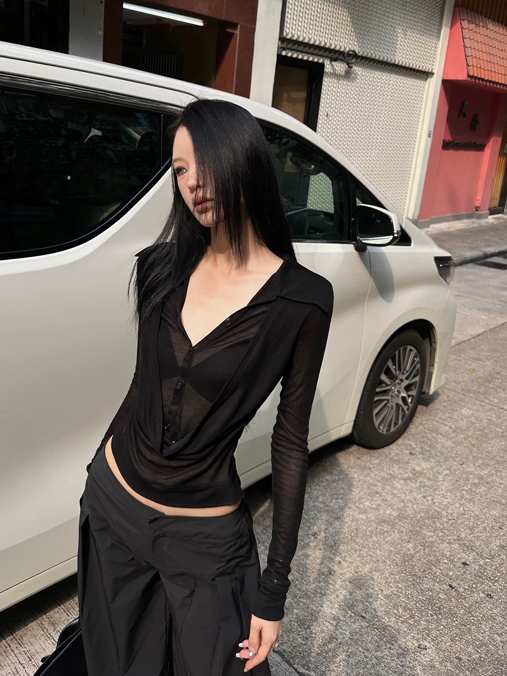 Fanptntox設計感 辣妹盪領假兩件微透襯衫秋顯瘦打底衫女上衣