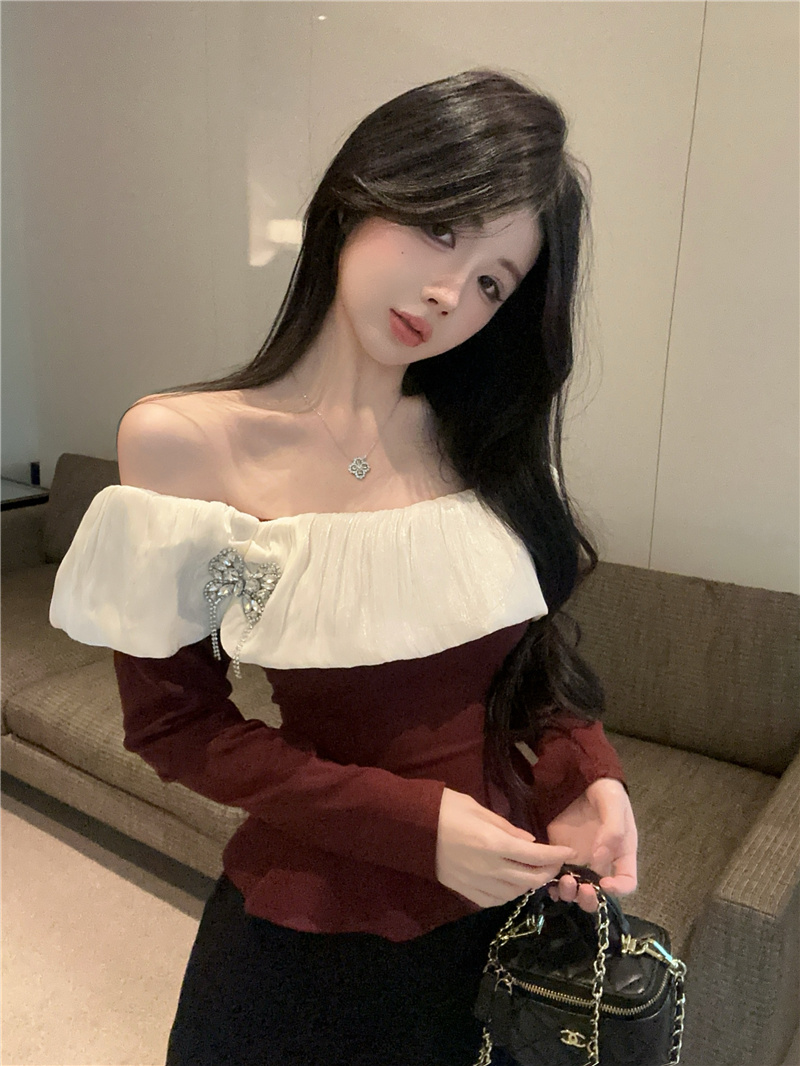 實拍~純欲性感一字肩洋氣修身收腰撞色蝴蝶結設計長袖打底衫