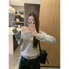 Real shot of 2025 spring Korean version loose and versatile temperament one-shoulder long-sleeved base shirt T-shirt top