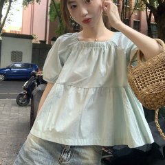 薄荷綠方領短款上衣女夏法式設計感娃娃小衫多巴胺亮色系短袖襯衫