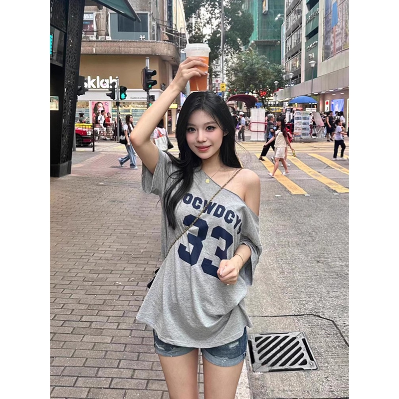 彩棉拉架美式辣妹斜肩短袖t恤設計感小眾一字露肩上衣