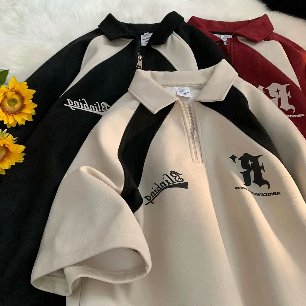 200g麂皮絨 夏季新款Polo領拼色短袖T恤男女情侶款大碼300斤上衣