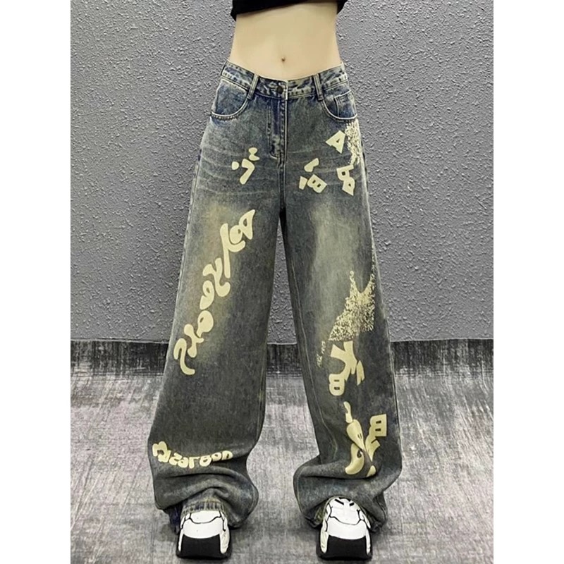 美式高級感塗鴉闊腿牛仔褲女2025春季新款高腰寬鬆直筒拖地長褲子