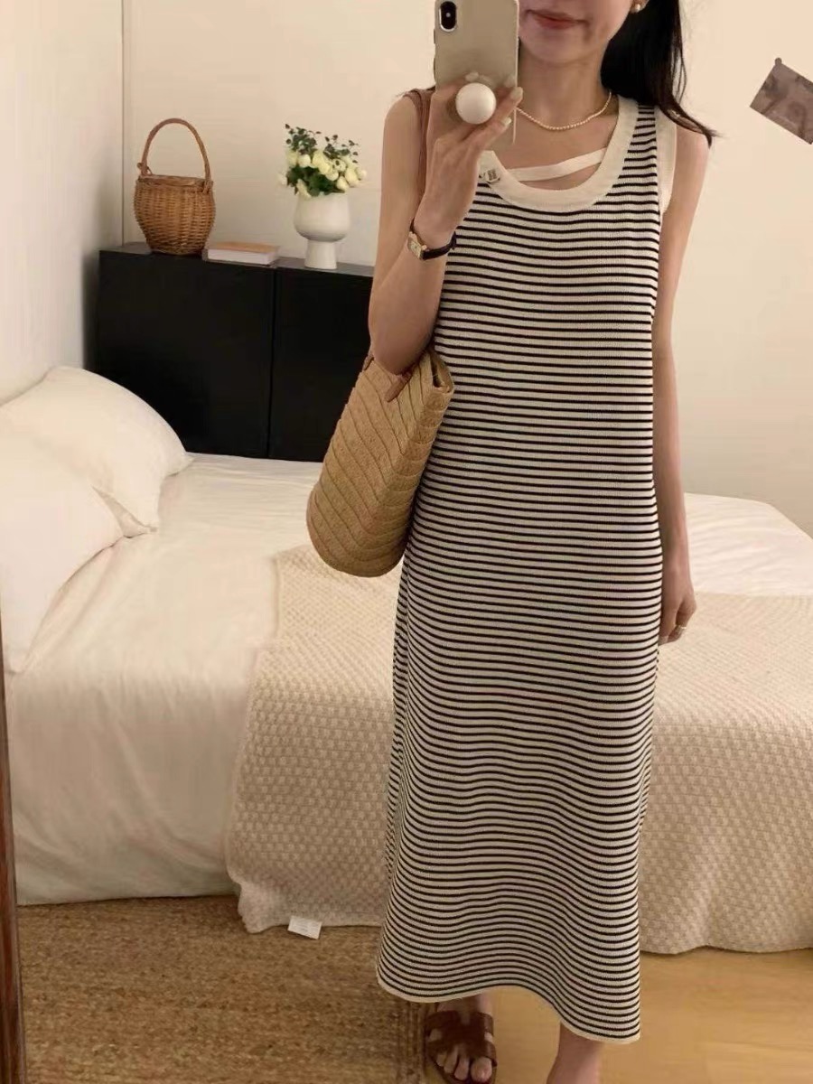 Knitted sleeveless striped dress with long women's summer new Korean style loose slim straight vest skirt