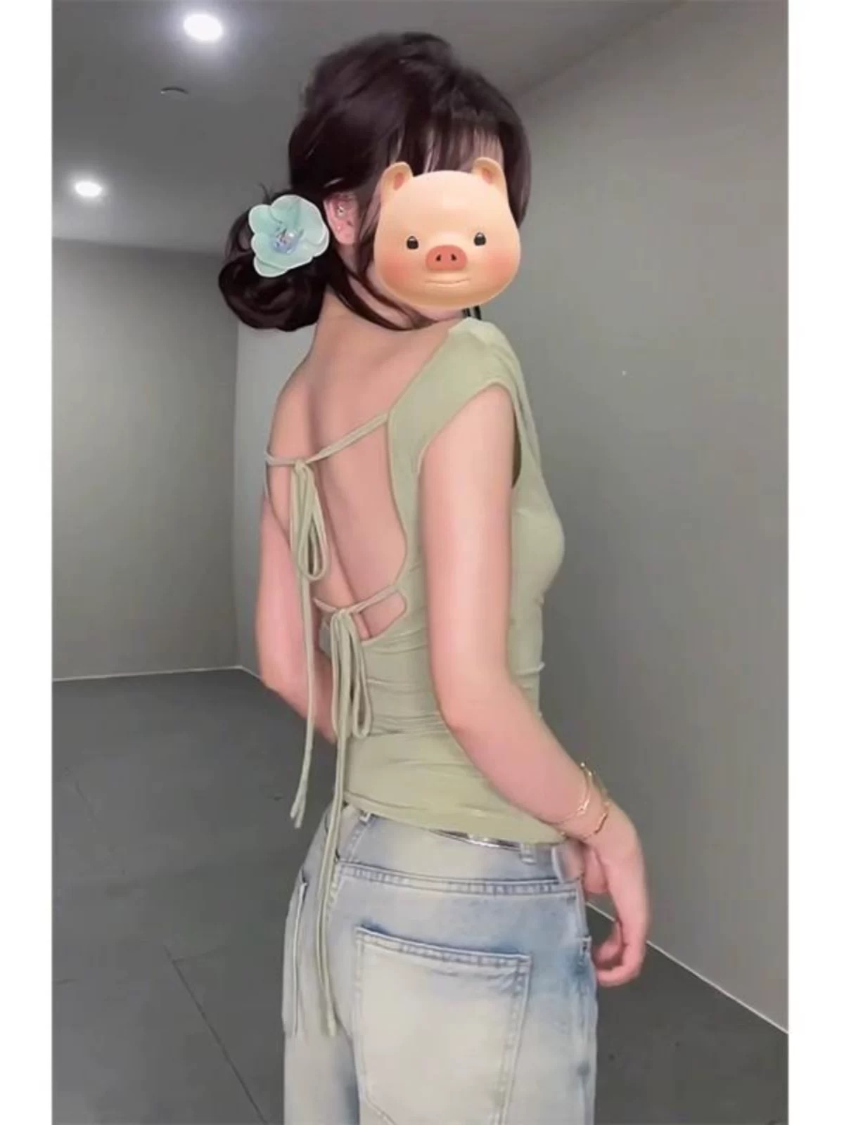 美式性感盪領褶皺一字肩短袖T恤女夏季修身顯瘦短款辣妹露背上衣