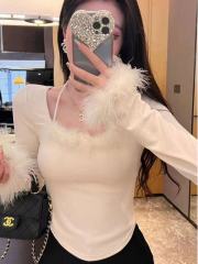 德絨法式小香風毛絨長袖T恤內搭女春秋冬純欲修身鎖骨上衣打底