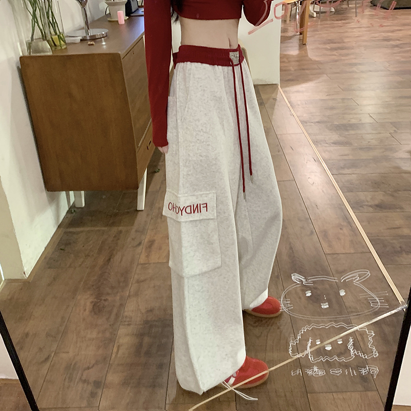 Real shot of gray American sports sweatpants for women's spring and autumn straight-leg casual pants wide-leg work jazz pants