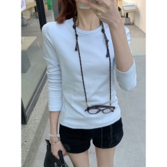 Real shot of spring Korean version round neck temperament versatile solid color 260g pure cotton long sleeve inner T-shirt top for women