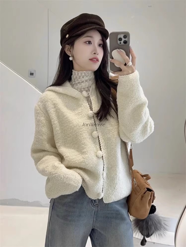 White hooded sweater cardigan for women in autumn and winter Korean atmosphere for women loose and lazy style knitted jacket top