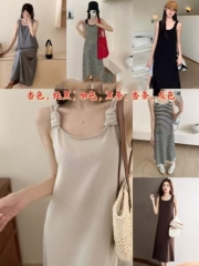 Pure Desire Color Block Backless Strap Dress for Women 2025 Early Spring Innerwear Gray Pencil Skirt Long Dress Slim Summer