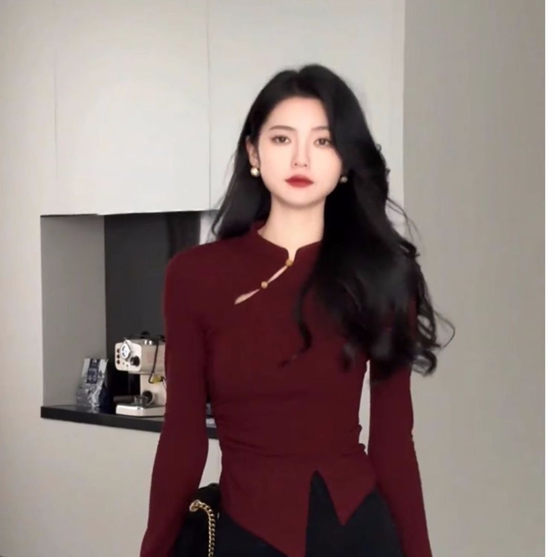 New Chinese-style stand-up collar slanted long-sleeved T-shirt for women with retro temperament slim and slim slit top