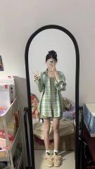 小清新綠色格子長袖襯衫外套夏季薄款時尚休閒百搭開衫外穿襯衣女