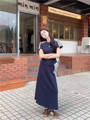 Short-sleeved long dress women's summer Korean style sports casual fashion three-bar short-sleeved T-shirt and skirt set
