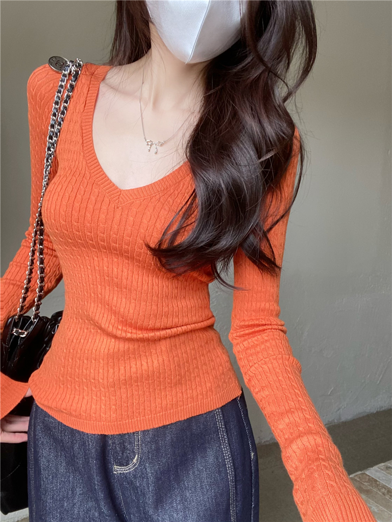 Real shot v-neck sweater for women new retro twist sweater slim and slim shoulder long-sleeved top