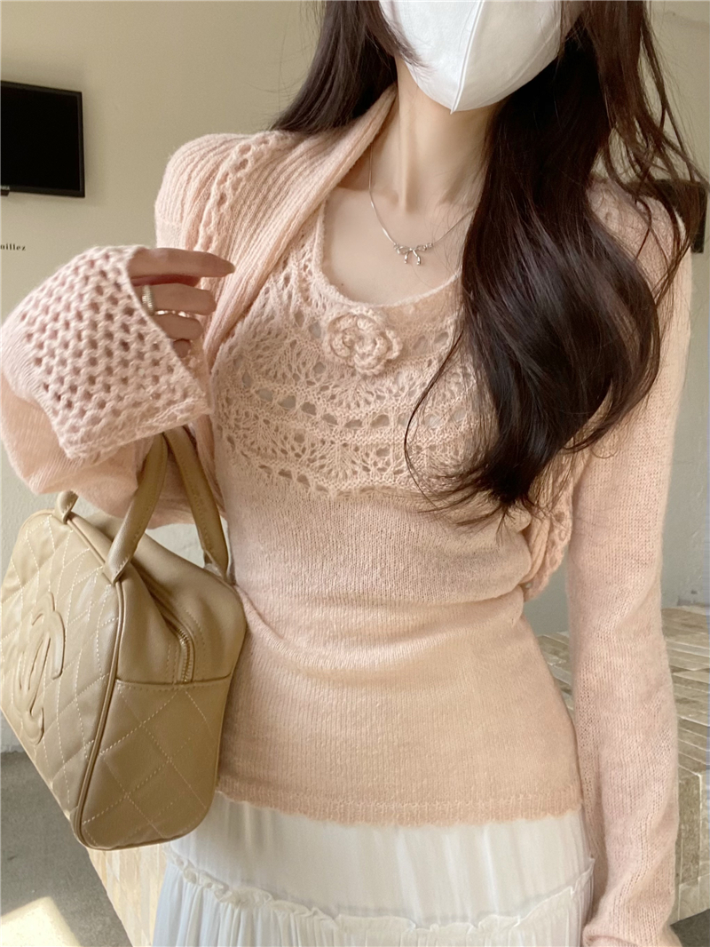 Real shot set hollow long-sleeved knitted cardigan for women in spring, neck halter vest two-piece set
