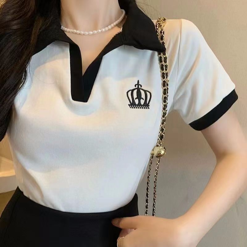 Chic Korean style sexy hot girl short polo shirt embroidered letter design niche lapel top short sleeve T-shirt