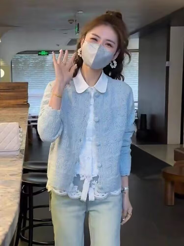 2025年早春新款鏤空花邊簡約純色糖果色開衫毛衣女