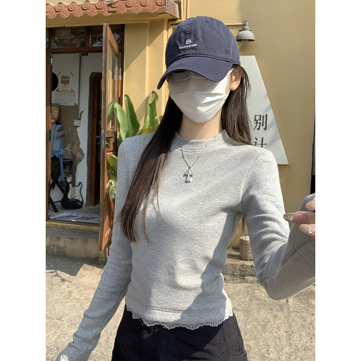 Real shot of spring Korean version round neck temperament lace hem 260g pure cotton long sleeve T-shirt top for women