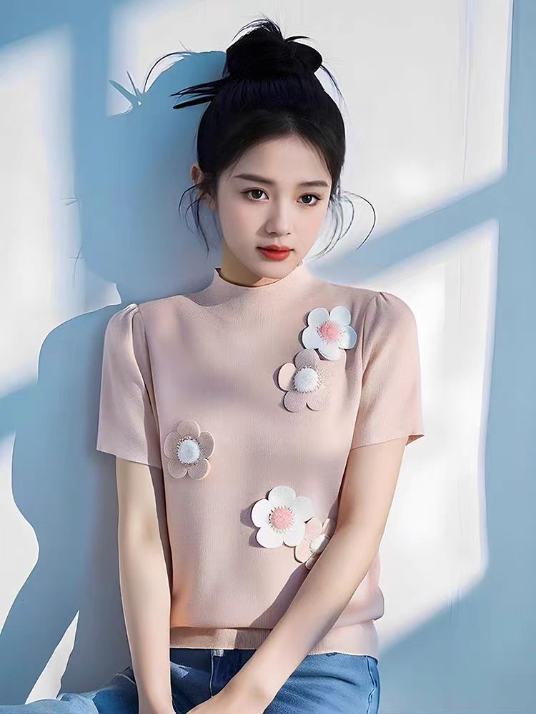 少女的祈禱 蛋黃花朵針織毛衣女新款韓系甜美收腰圓領上衣