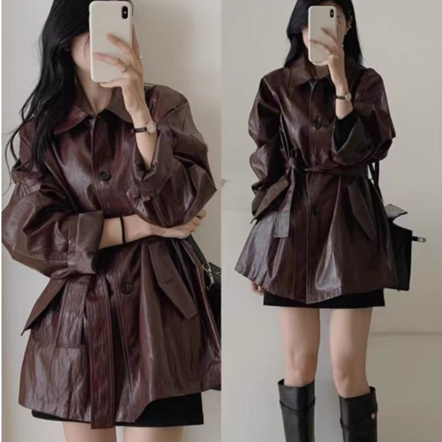 Women's Mid-Long Retro Leather Jacket Outerwear 2025 Spring New Arrival High-End Style This Year's Popular Belted Jacket for Petite Figures